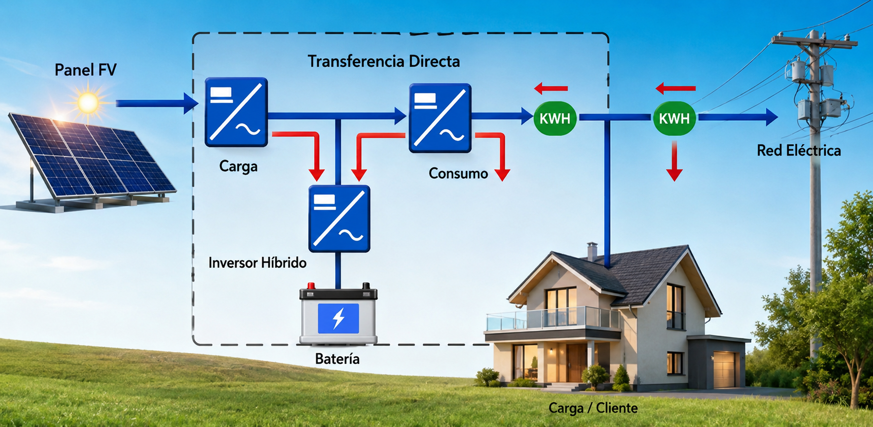Cómo funciona un sistema híbrido con batería y red eléctrica
